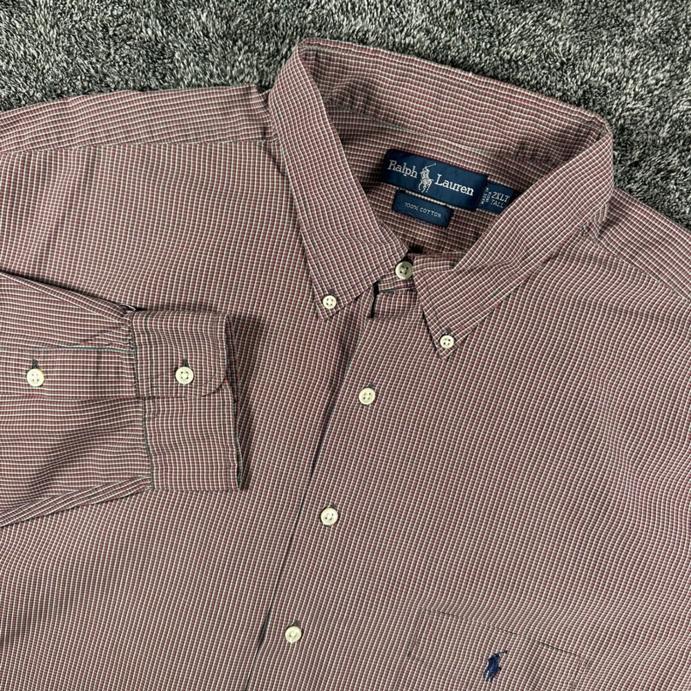 Ralph Lauren Shirt Mens 2XLT Tall Red Micro Check Cotton Button Down Long Sleeve